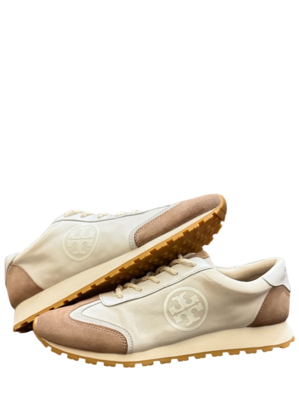 TORY BURCH - IVORY TAUPE SUEDE NYLON ANNIE RUNNER SNEAKERS